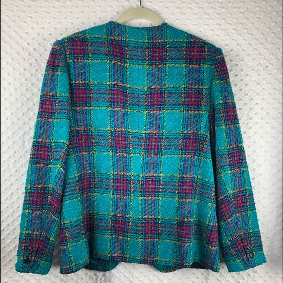 VINTAGE KORET Blazer 1980s Plaid Design Turquoise & Pink - Picture 2 of 7